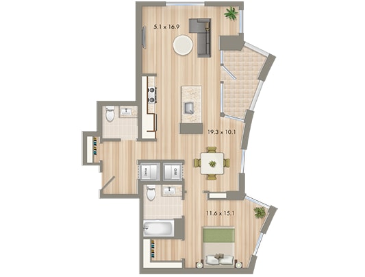 Park Chelsea One Bedroom Floorplan 1-Q | Floorplans For Cohabiting | Washington, DC Apartments