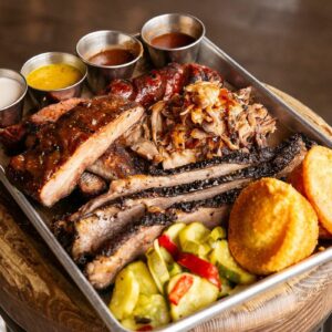 A platter of smoked meats from Due South