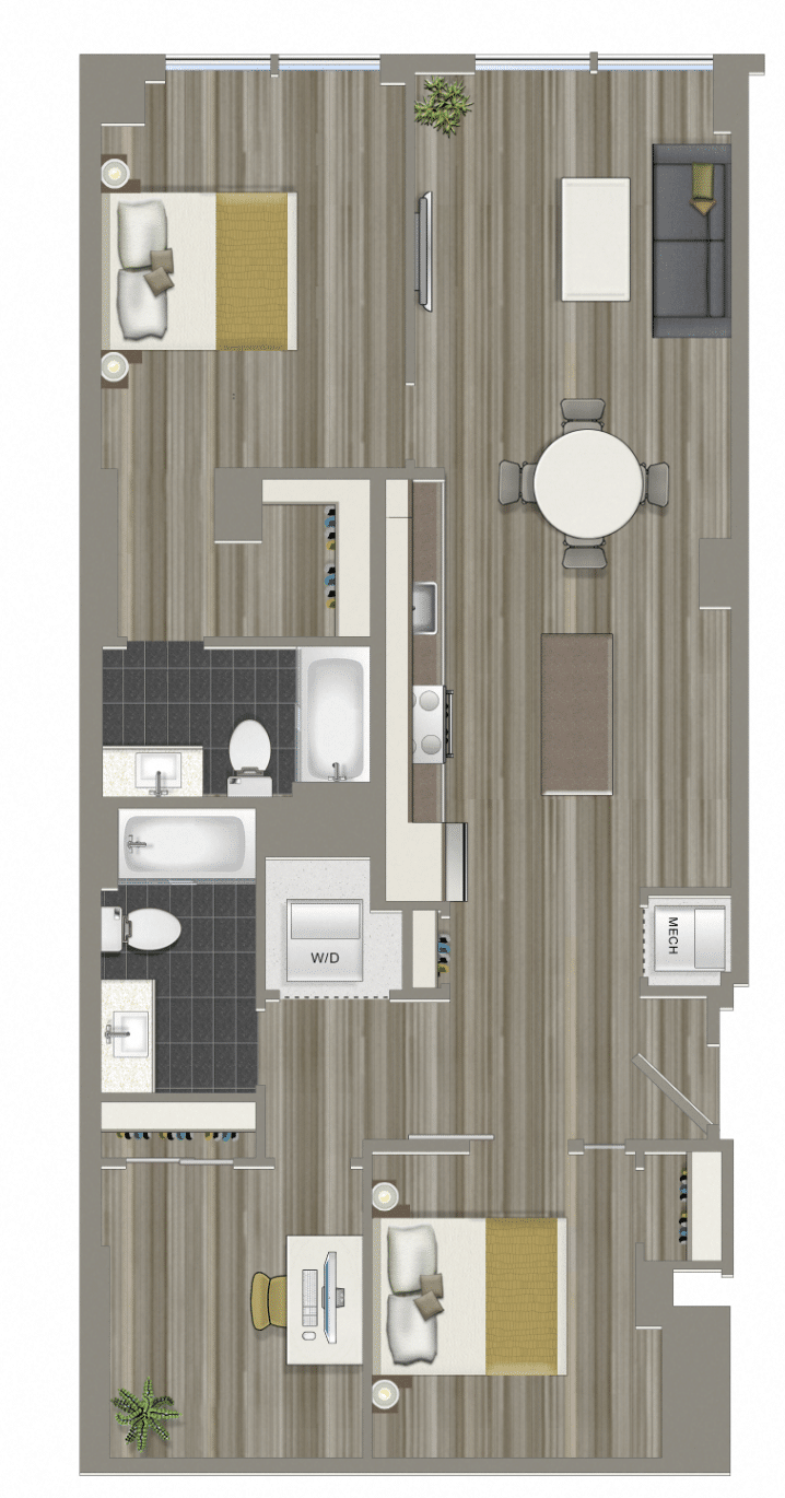 Garrett 3B floorlan of a three bedroom apartment