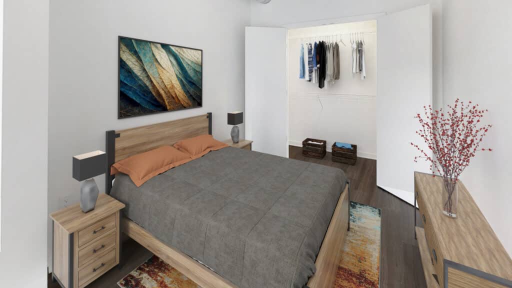 A modern bedroom with a wooden bed, grey bedding, two bedside tables with lamps, an open closet, a dresser with a vase of red berries, and a colorful landscape painting on the wall.