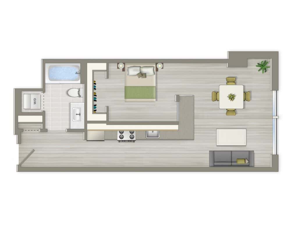 A top-down view of a one-bedroom apartment floor plan featuring a bedroom, a bathroom, a kitchen, a dining area, and a living room.