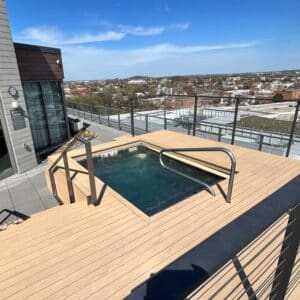 Rooftop deck with a wooden platform and a small rectangular pool. The background features a view of the cityscape under a clear blue sky.