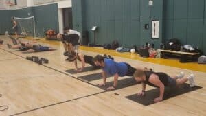 yoga workout in the garrett basketball court